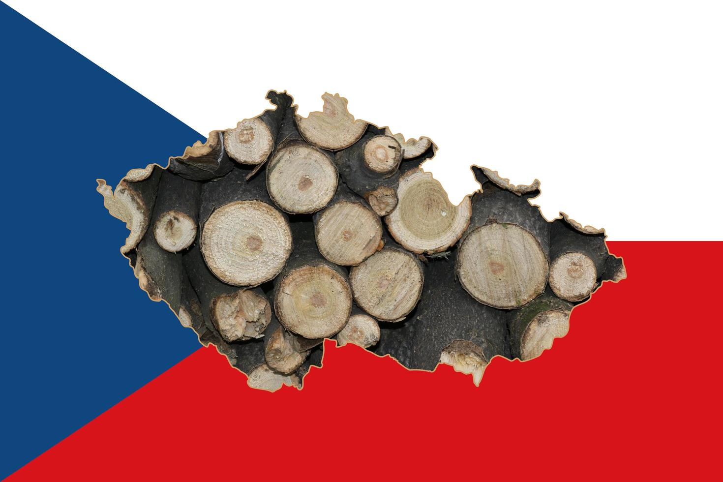 Outline map of the Czech Republic with the image of the national flag. Firewood background inside the card. Collage illustration. Energy crisis. photo