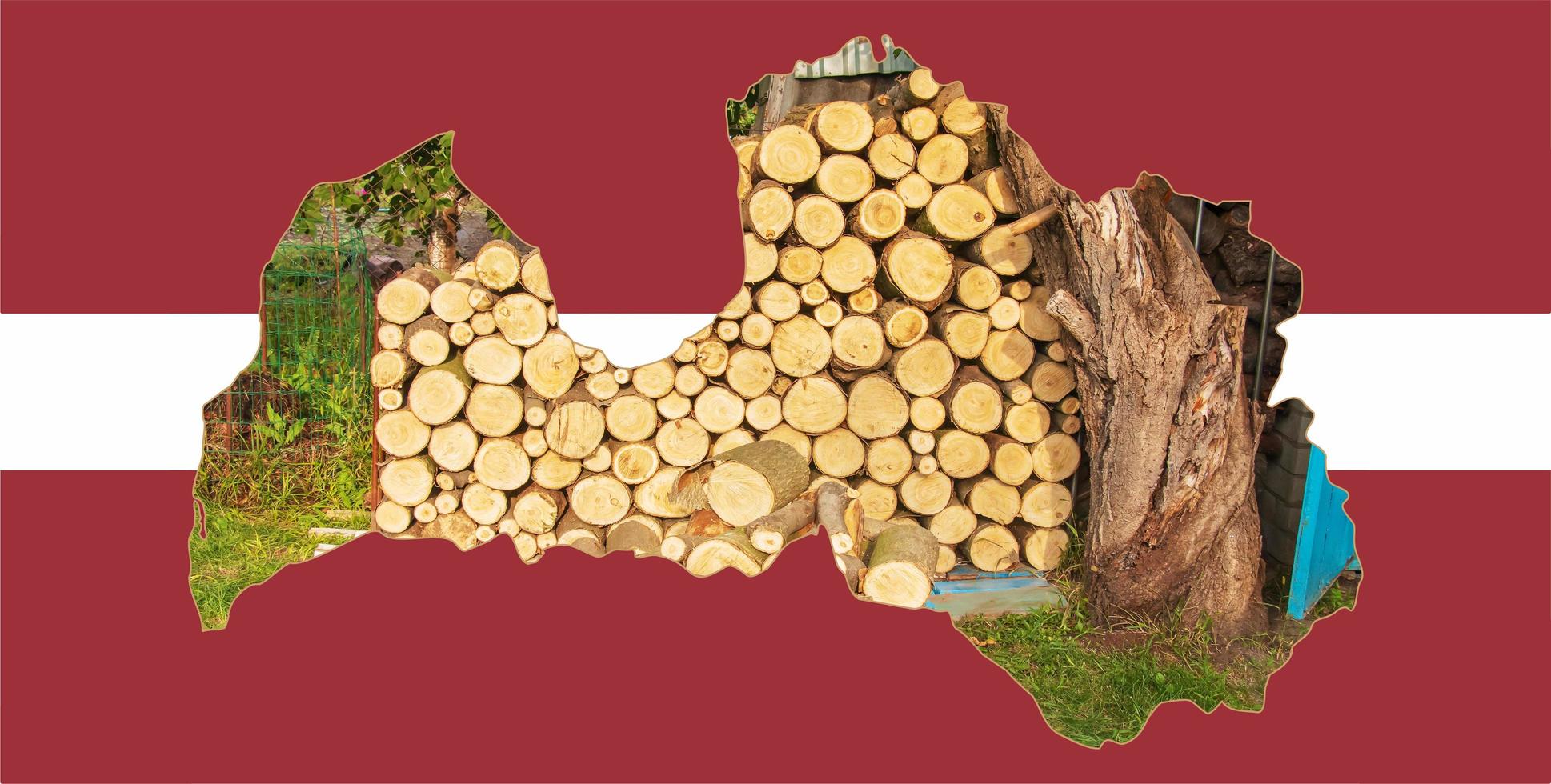 Outline map of Latvia with the image of the national flag. Firewood inside the map. Collage illustration. Energy crisis. photo