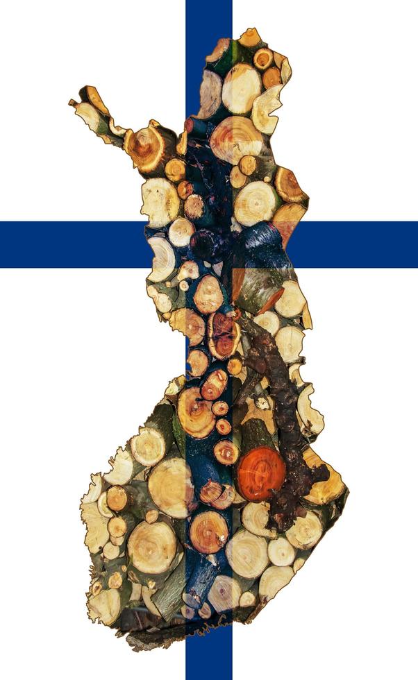 Outline map of Finland with the image of the national flag. Firewood inside the map. Collage illustration. Energy crisis. photo