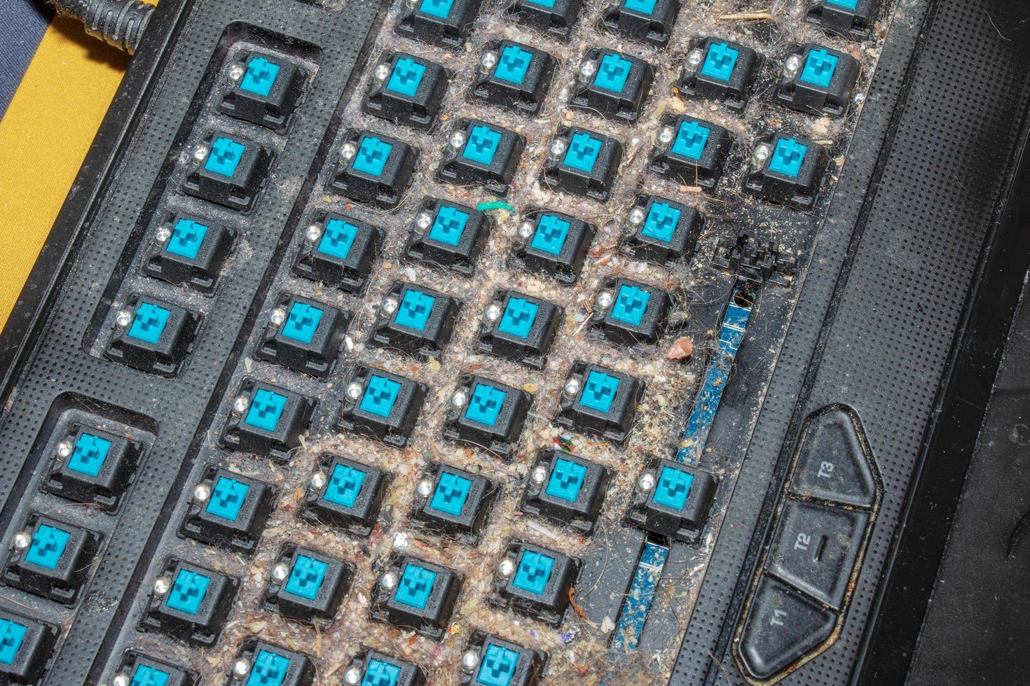 Very dirty keyboard. Dog hair, breadcrumbs and dust accumulated under the keys. Mechanical keyboard switches without buttons photo
