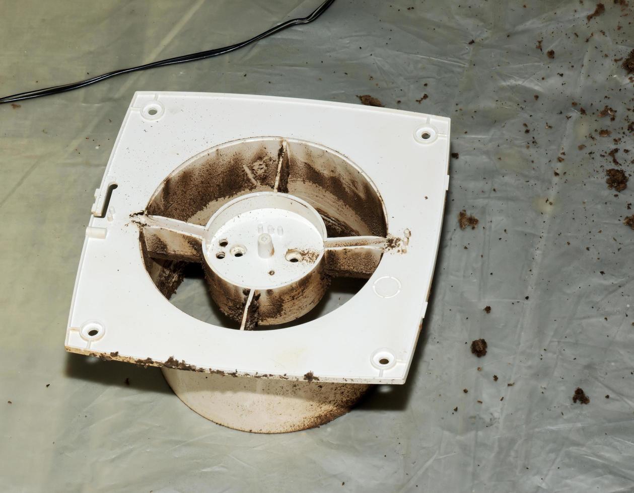 Close-up of a very dirty kitchen exhaust fan. Fan before preventive cleaning and washing. Dirty details photo