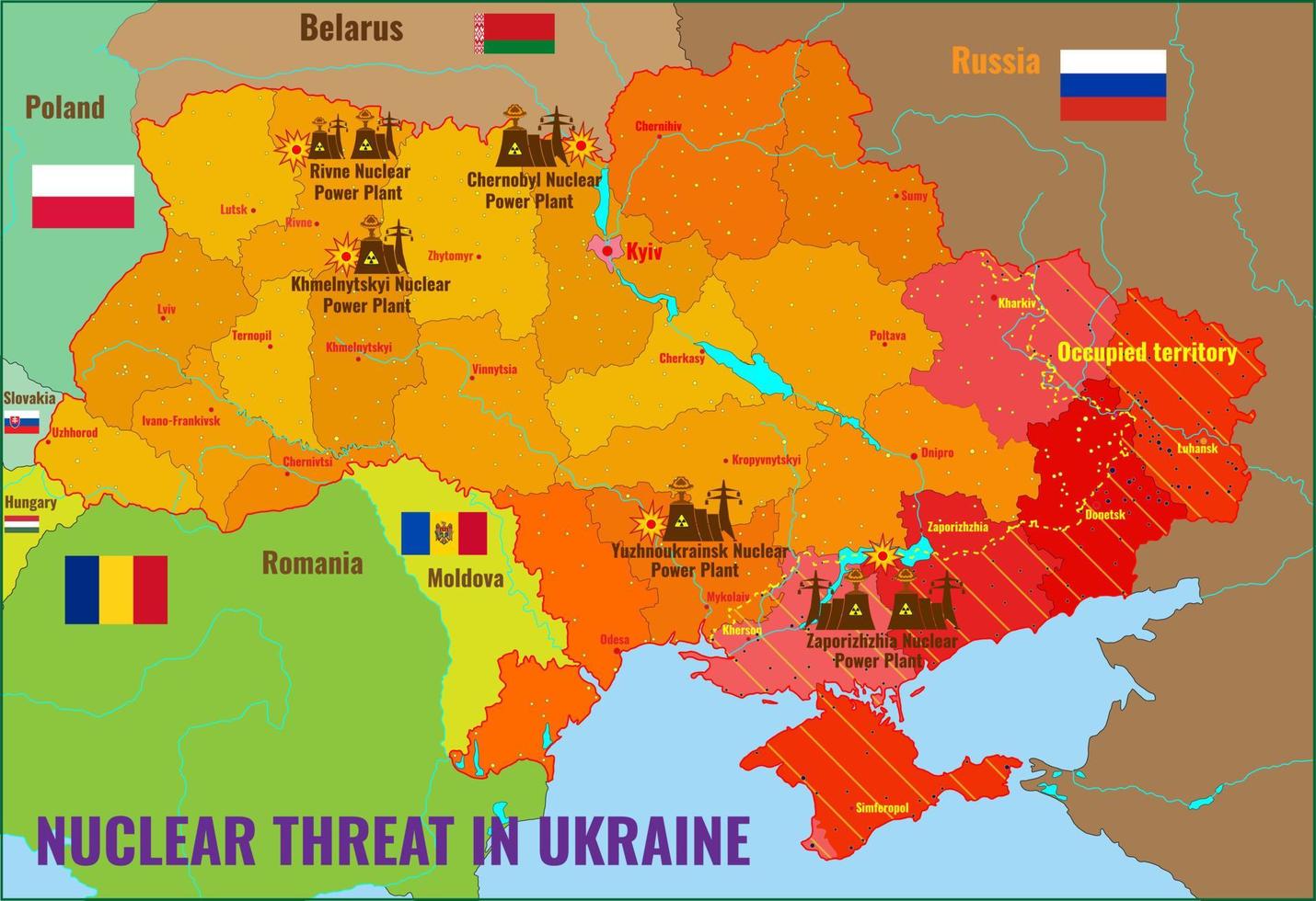 mapa de la central nuclear de ucrania. zaporozhye npp presenta un riesgo de contaminación radiactiva en condiciones de combate. amenaza de contaminación nuclear en ucrania vector