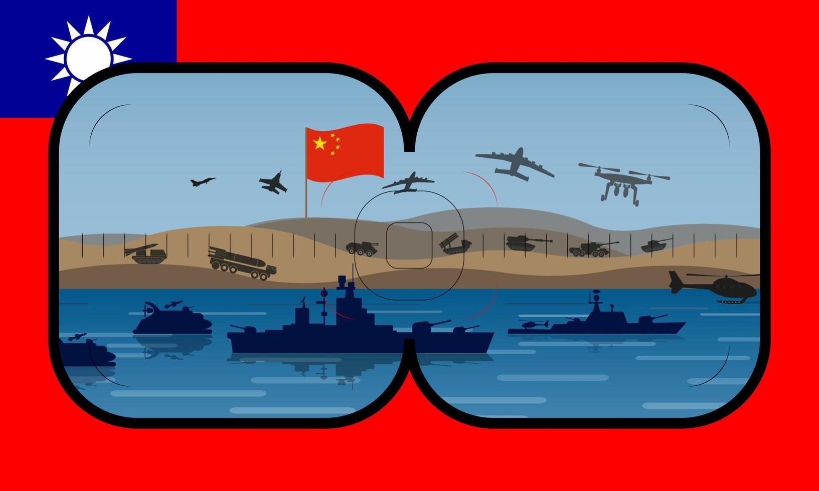 ilustración vectorial de ejercicios chinos frente a la costa de taiwán en el mar del sur de china. vista de periscopio con la bandera de taiwán en el fondo. vector