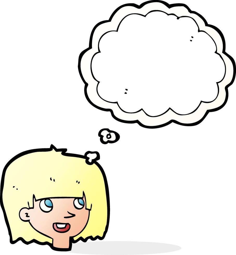 caricatura, feliz, cara femenina, con, burbuja del pensamiento vector