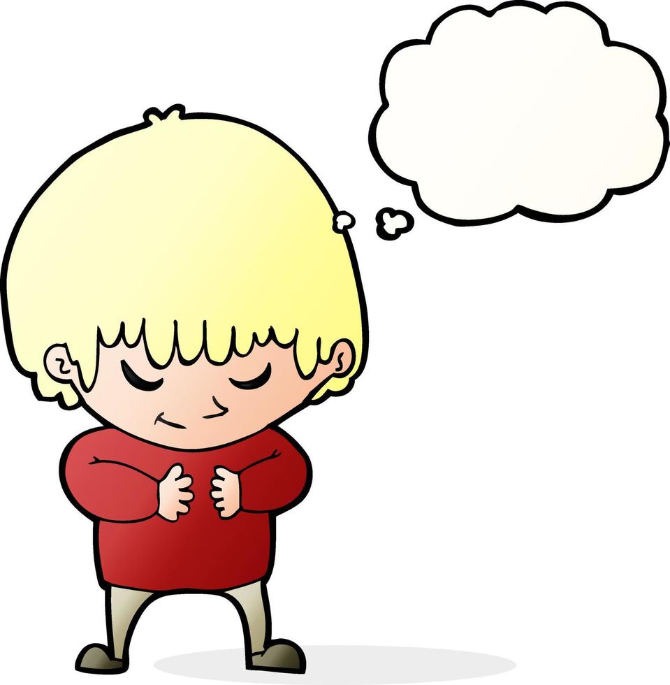 cartoon shy boy with thought bubble vector