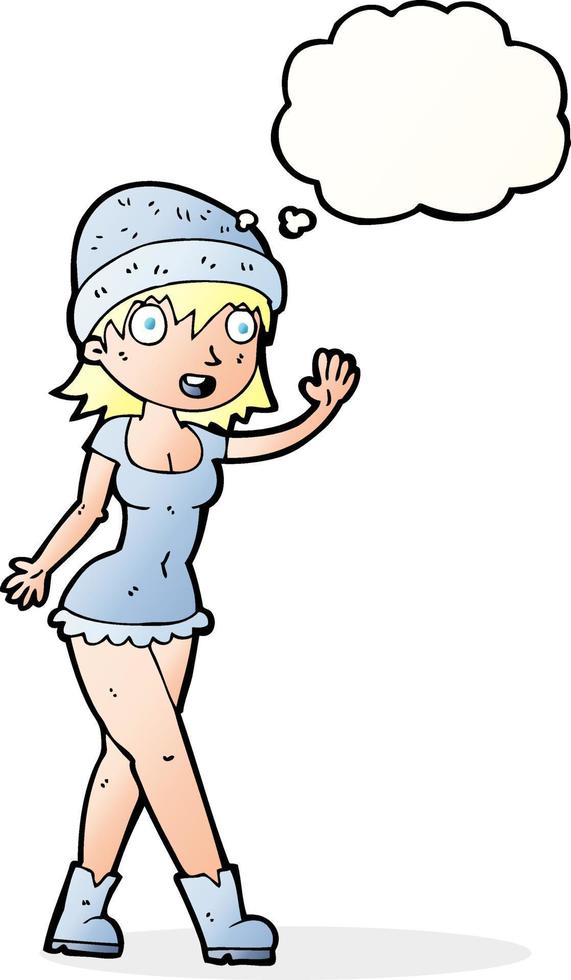 cartoon pretty girl in hat waving with thought bubble vector