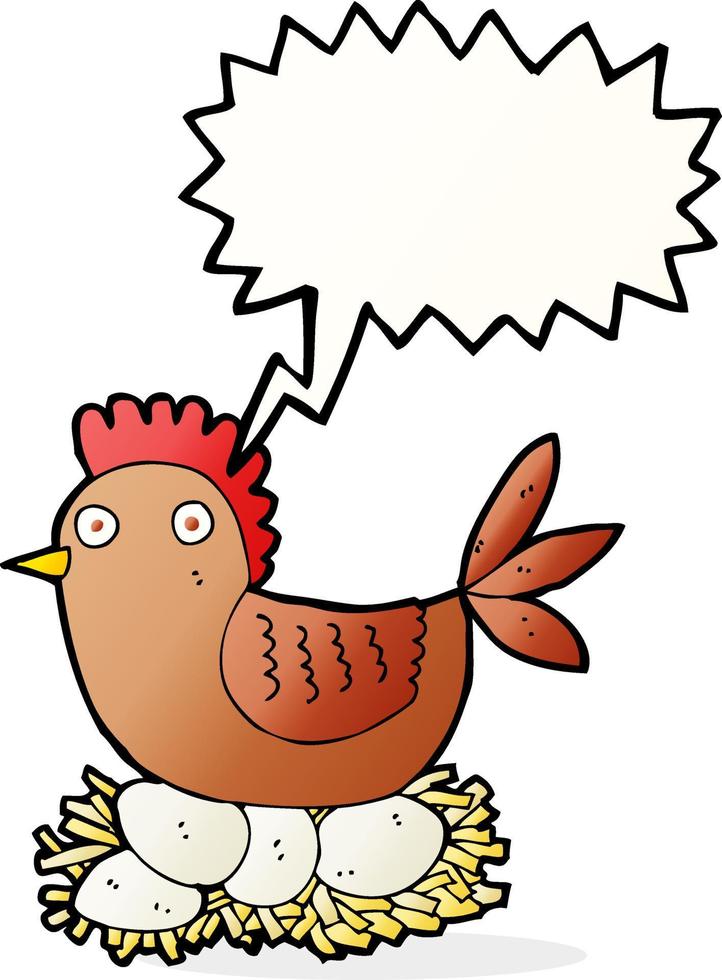 caricatura, gallina, en, huevos, con, burbuja del discurso vector