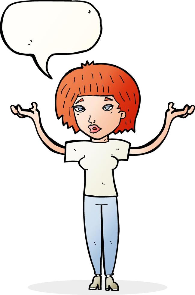 cartoon woman shrugging shoulders with speech bubble vector