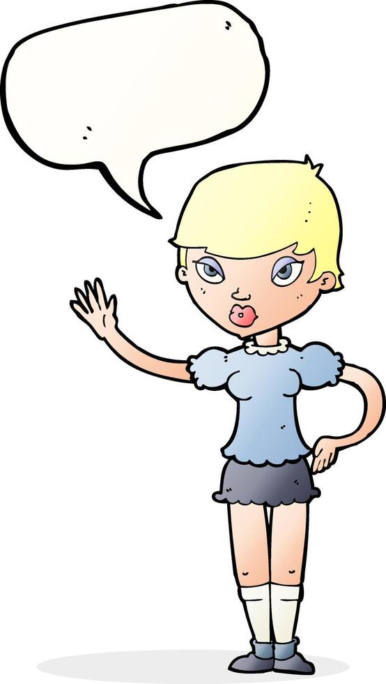 cartoon woman waving with speech bubble vector