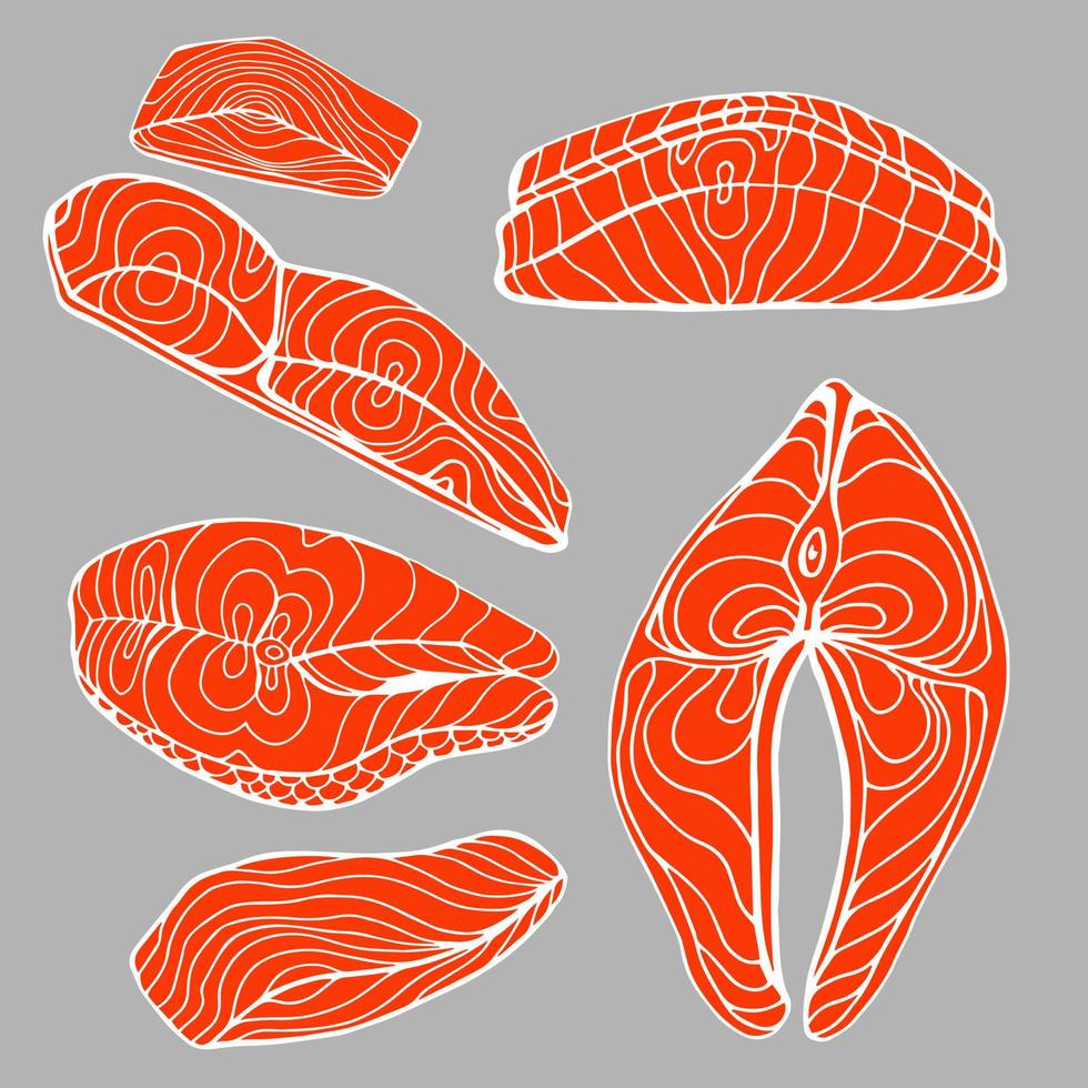 Six pieces of salmon with and without skin vector