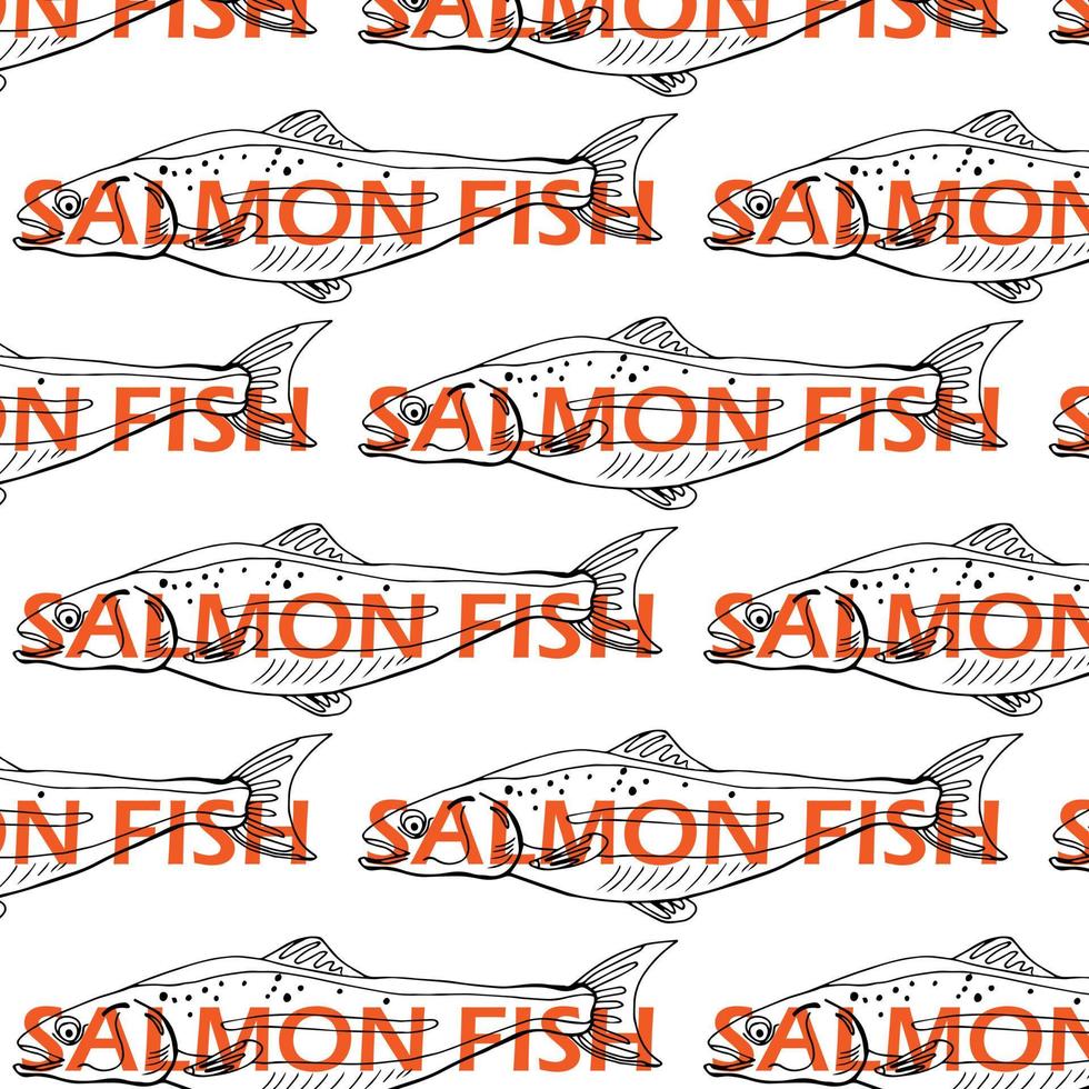 Top view of raw salmon steak isolated on blue background. Minimal concept. Flat lay. Seamless line pattern vector