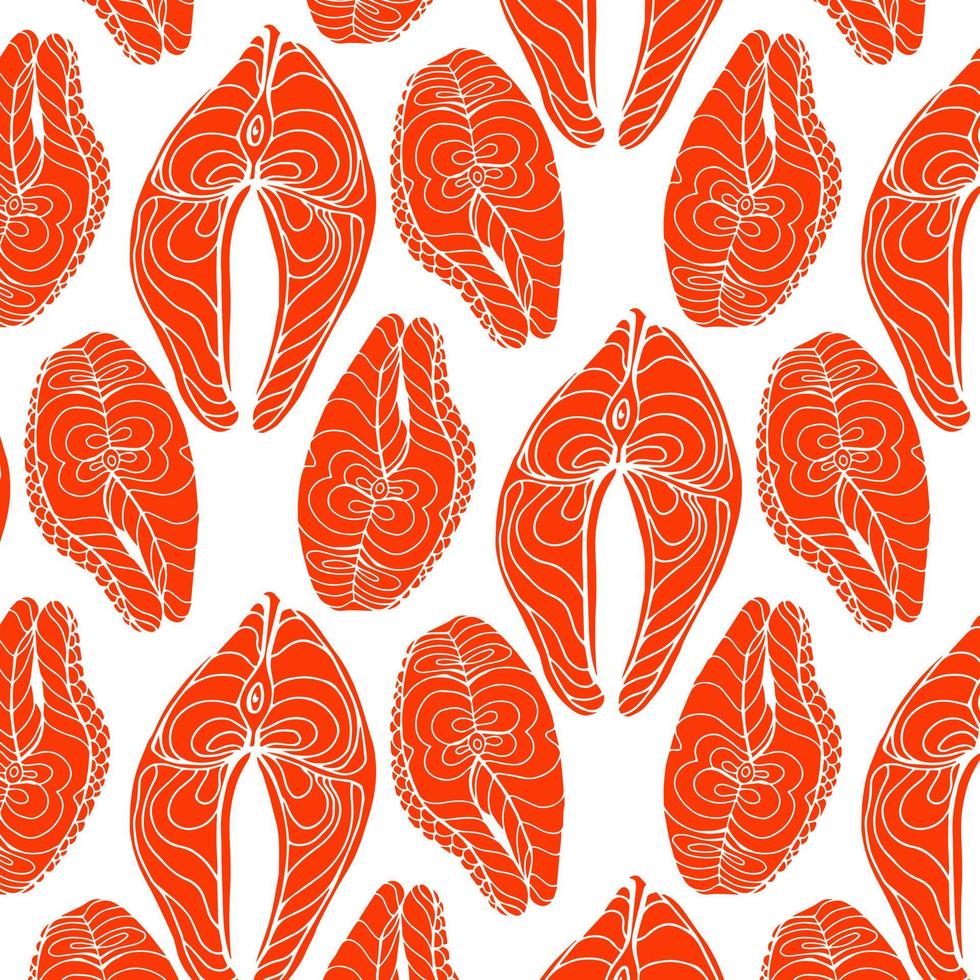 Top view of raw salmon steak isolated on blue background. Minimal concept. Flat lay. Seamless line pattern vector