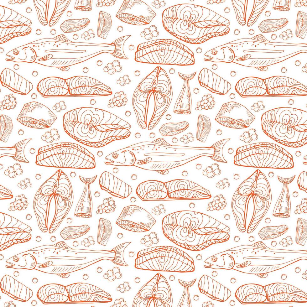 Top view of raw salmon steak isolated on blue background. Minimal concept. Flat lay. Seamless line pattern vector