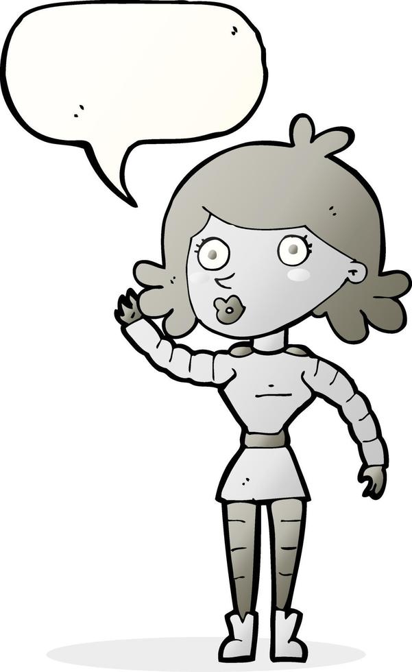 caricatura, robot, mujer, saludar, con, burbuja del discurso vector