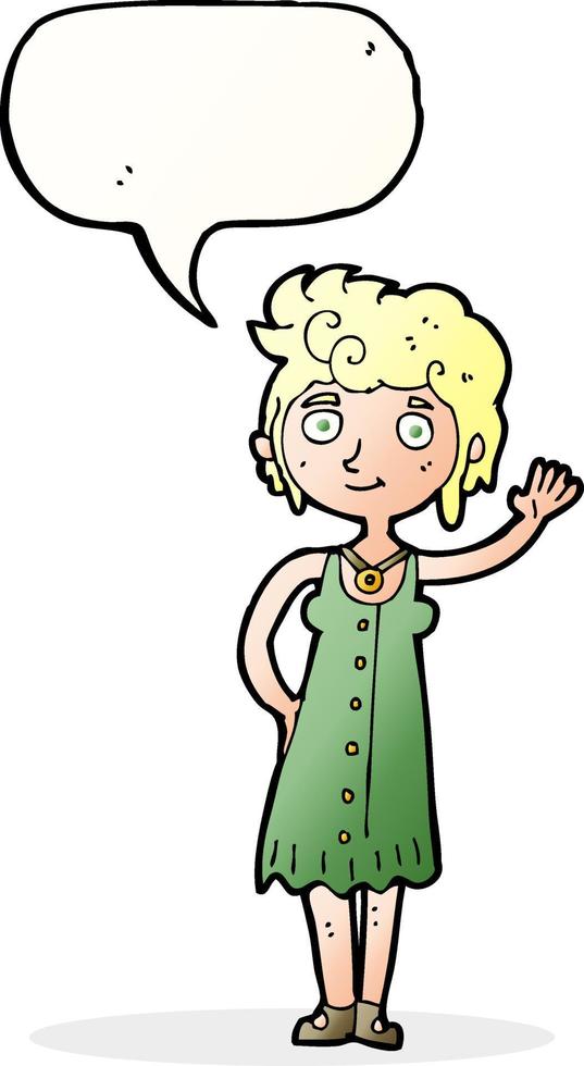 cartoon hippie woman waving with speech bubble vector