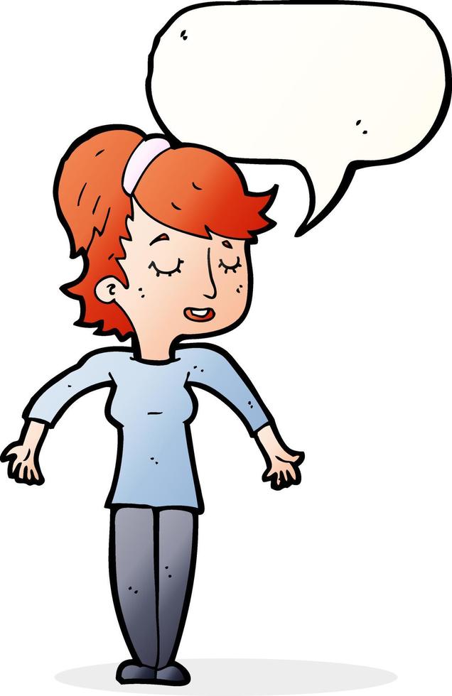 cartoon friendly woman shrugging shoulders with speech bubble vector