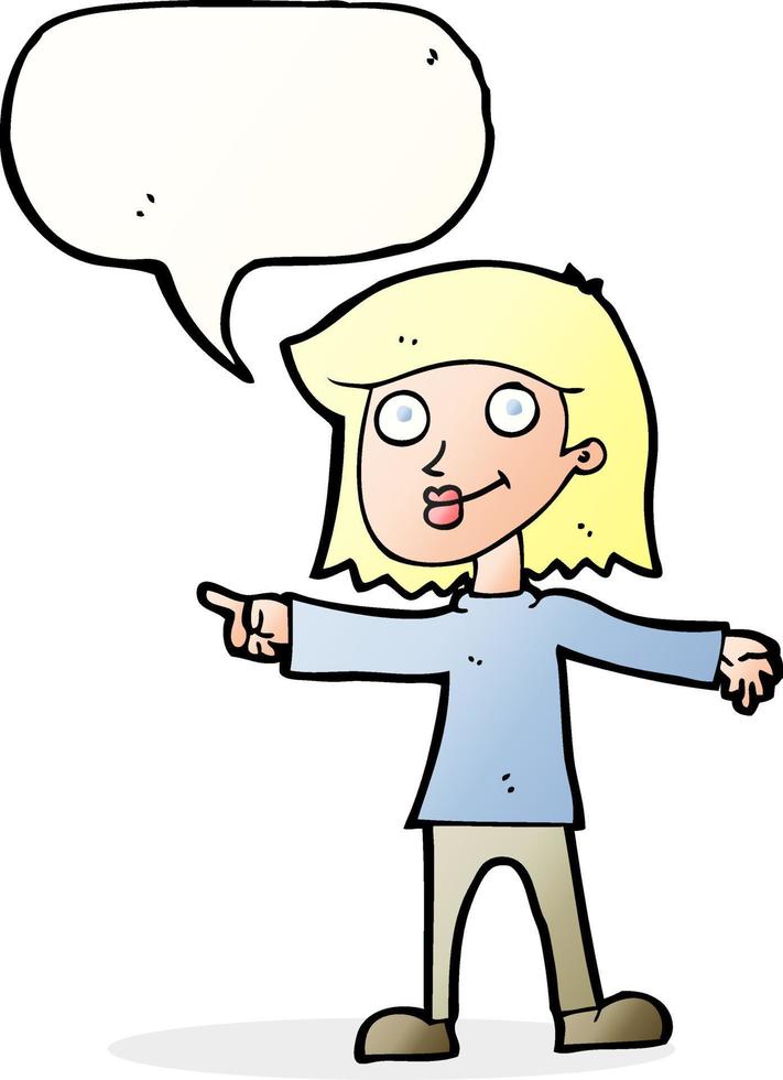 cartoon happy woman pointing with speech bubble vector