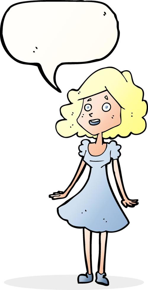 caricatura, mujer feliz, en, vestido, con, burbuja del discurso vector
