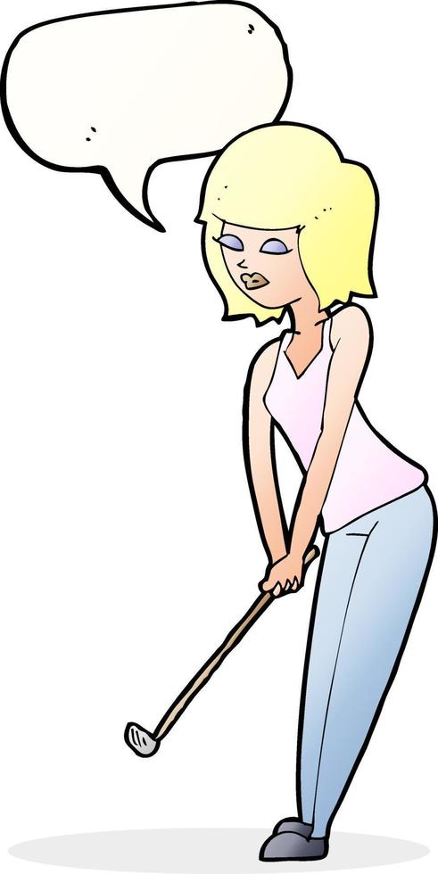 caricatura, mujer, juego, golf, con, burbuja del discurso vector