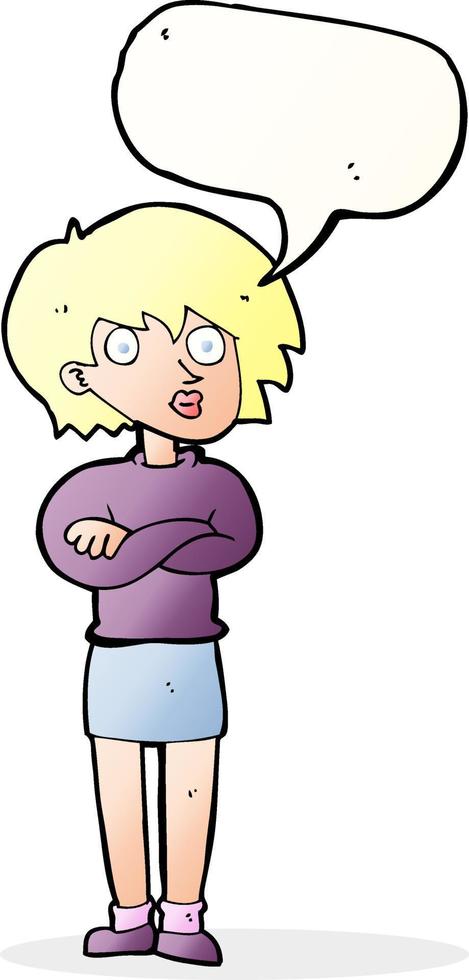cartoon woman wit crossed arms with speech bubble vector