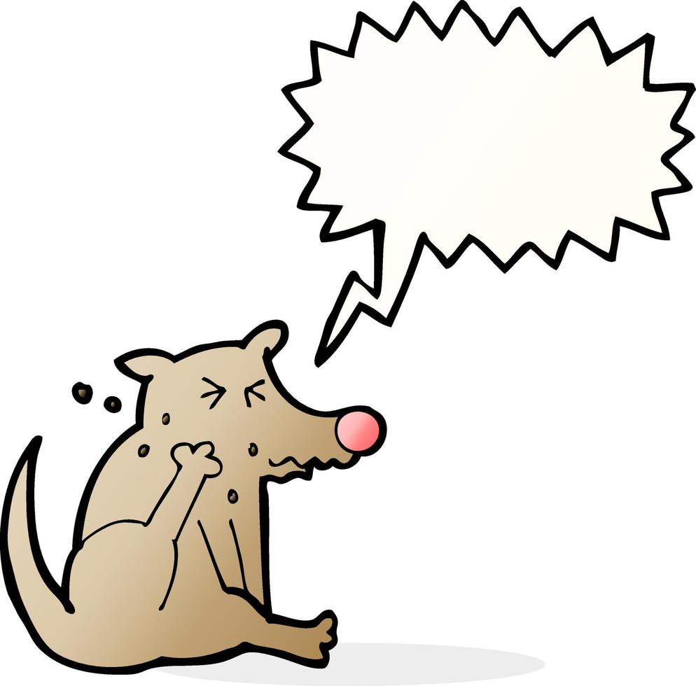 perro de dibujos animados rascándose con burbujas de discurso vector