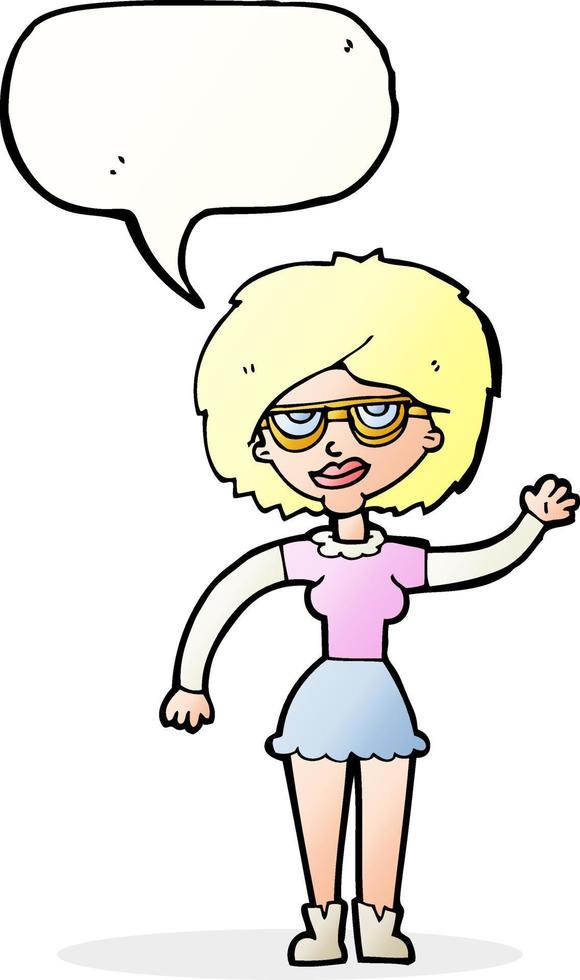 cartoon waving woman wearing spectacles with speech bubble vector