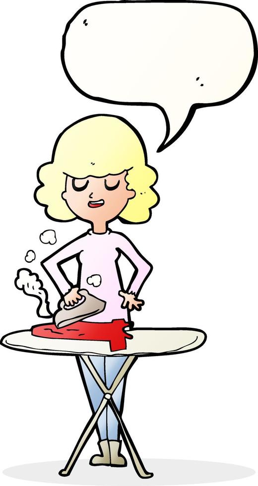 cartoon woman ironing with speech bubble vector