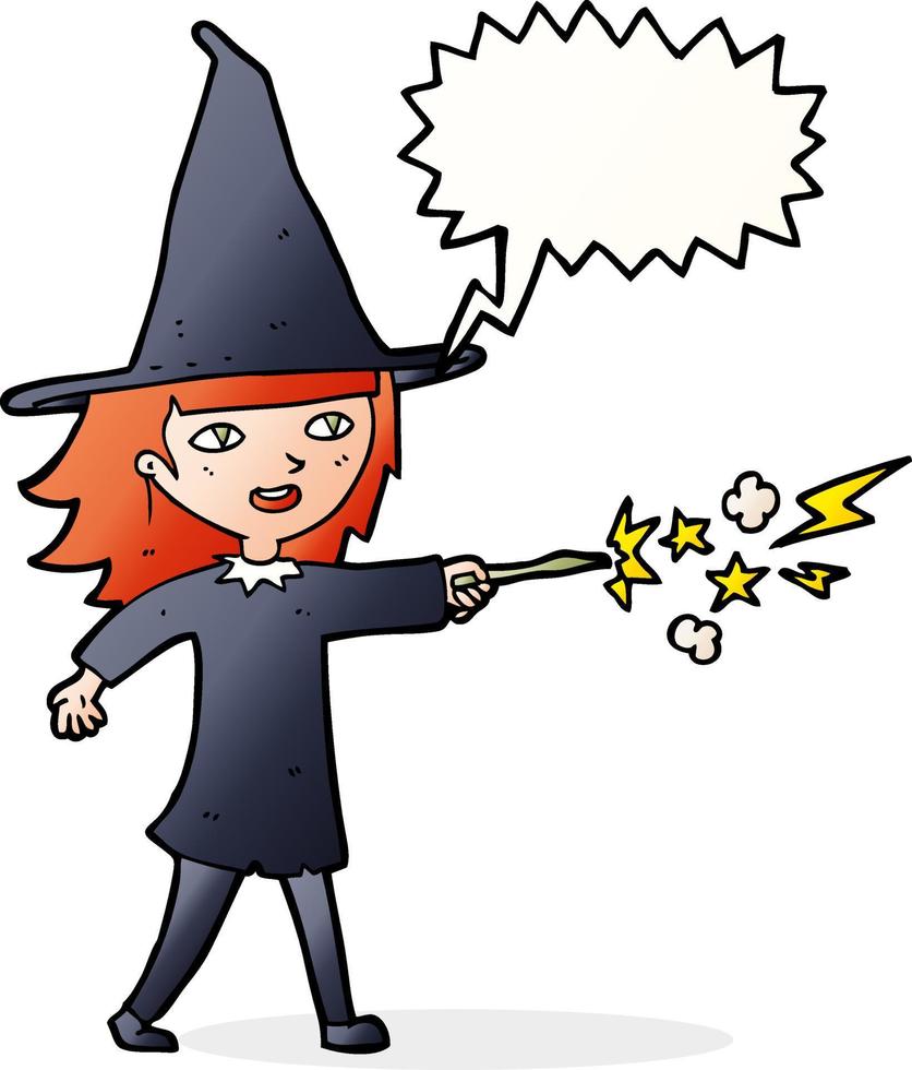 cartoon witch girl casting spell with speech bubble vector