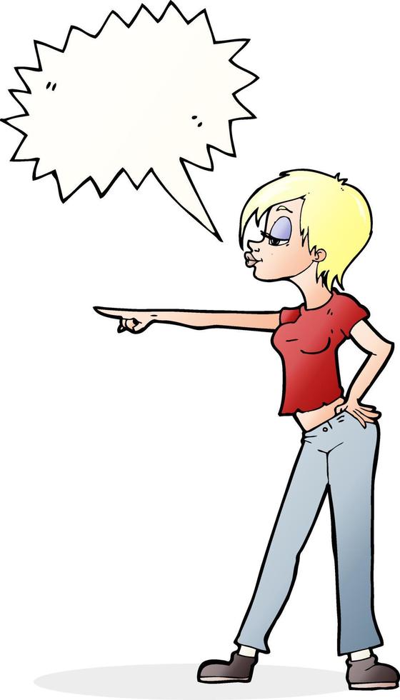 cartoon hip woman pointing with speech bubble vector