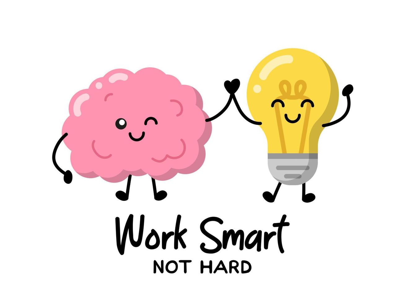 Human brain and lamp bulb for patches, badges, stickers, posters. Cute funny cartoon character icon in asian japanese kawaii style. Work smart Not Hard motivational and creative quote. vector