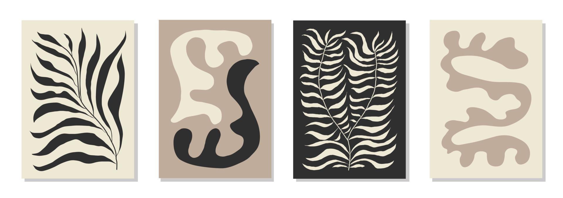 conjunto de 4 afiches de arte mural inspirados en matisse, folletos, plantillas de volantes, collage contemporáneo. patrón abstracto de línea orgánica, diseño dibujado a mano, papel tapiz simple. vector vintage gráfico de formas dinámicas