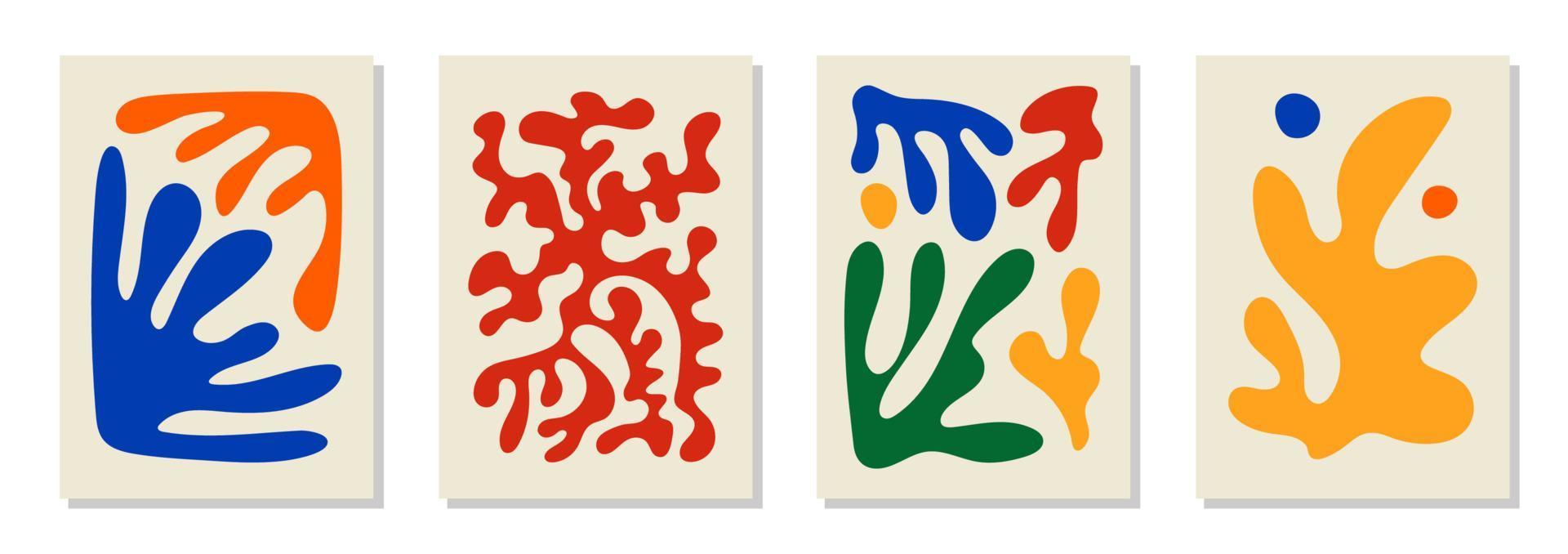 conjunto de 4 afiches de arte mural inspirados en matisse, folletos, plantillas de volantes, collage contemporáneo. patrón abstracto de línea orgánica, diseño dibujado a mano, papel tapiz simple. vector vintage gráfico de formas dinámicas