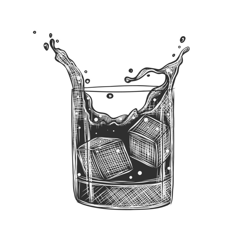 cóctel alcohólico de whisky escocés de estilo grabado vectorial con cubitos de hielo, ilustración de salpicaduras para carteles, decoración, menú y logotipo. boceto dibujado a mano de bebida, bebida aislada sobre fondo blanco. vector