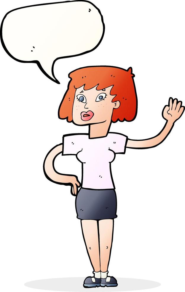 cartoon woman waving with speech bubble vector