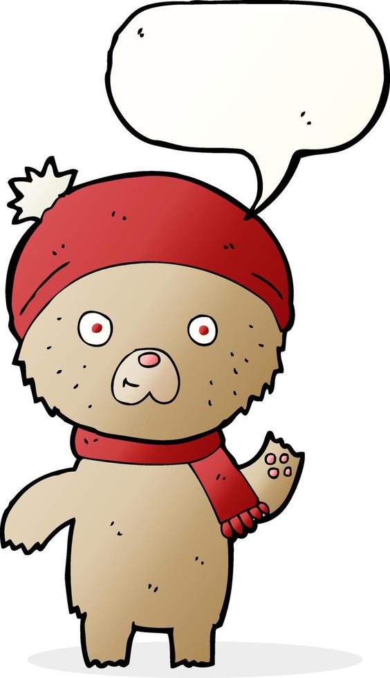 cartoon waving teddy bear with speech bubble vector