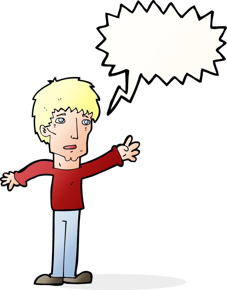 cartoon worried man reaching out with speech bubble vector