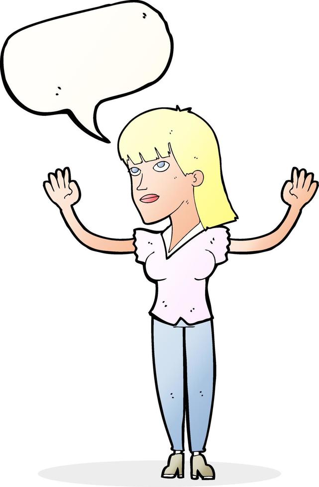 cartoon woman throwing hands in air with speech bubble 12350702 Vector