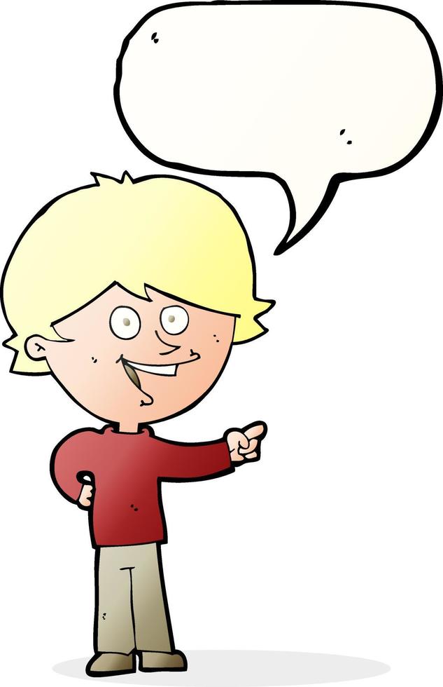 cartoon boy laughing and pointing with speech bubble vector