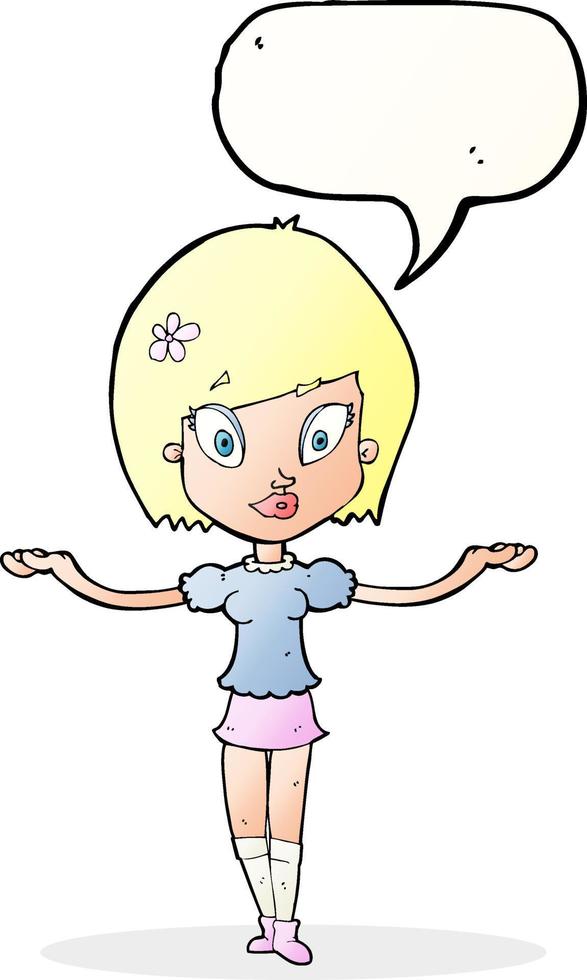 cartoon woman making balancing gesture with speech bubble vector