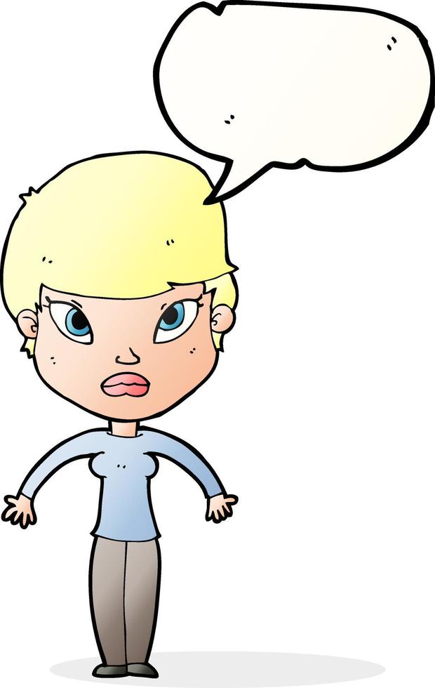 cartoon woman shrugging shoulders with speech bubble vector