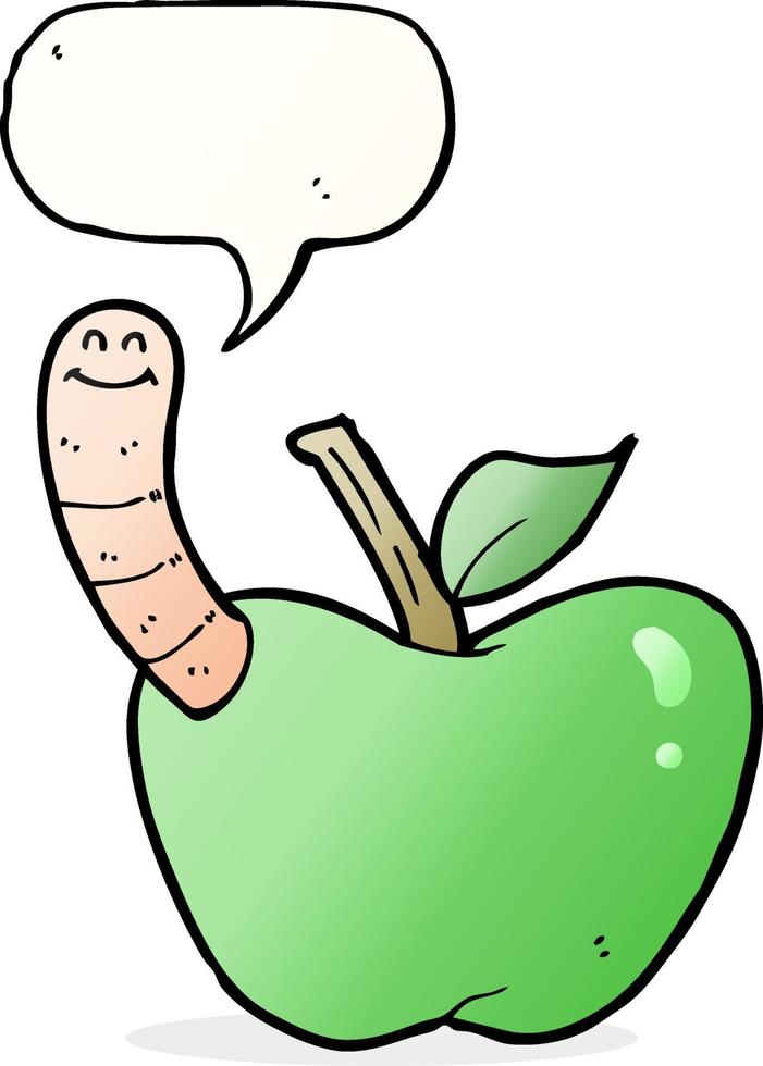 caricatura, manzana, con, gusano, con, burbuja del discurso vector