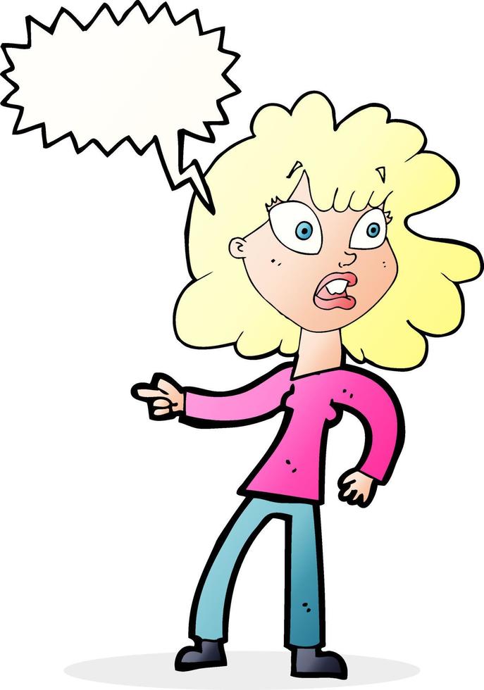 cartoon worried woman pointing with speech bubble vector