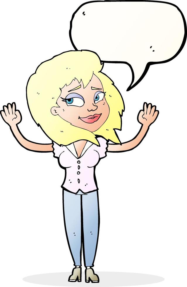 mujer de dibujos animados rindiéndose con burbujas de discurso vector