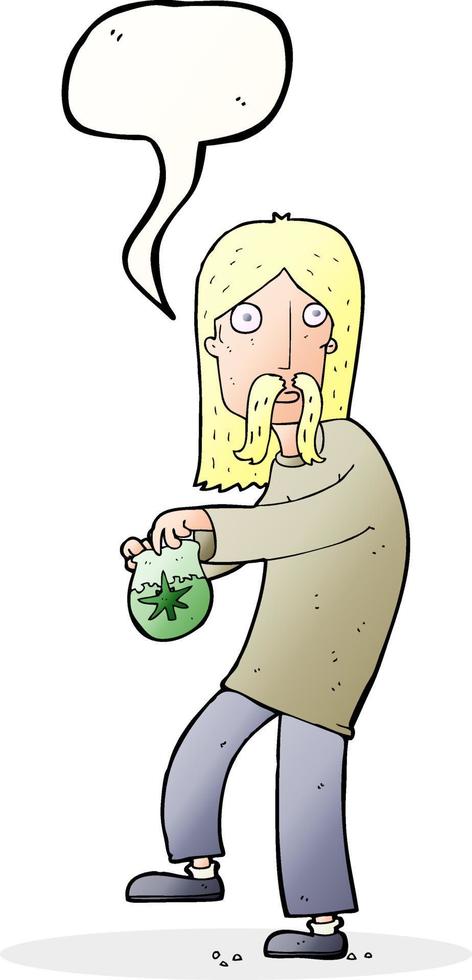 caricatura, hippie, hombre, con, bolsa, de, weed, con, burbuja del discurso vector
