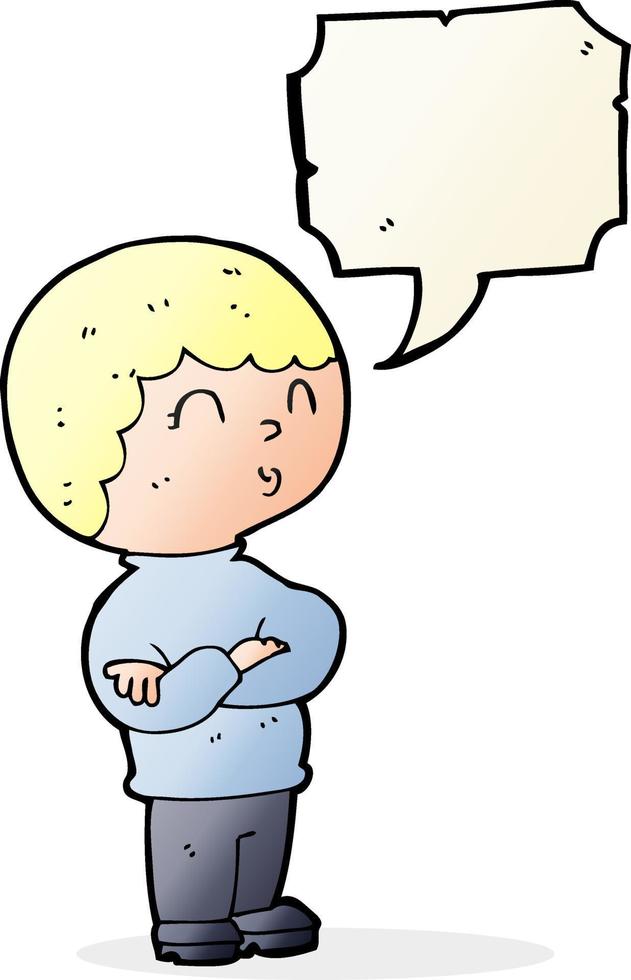 cartoon boy with folded arms with speech bubble vector