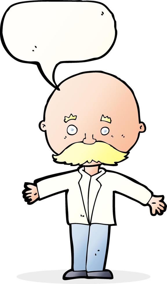 cartoon bald man with open arms with speech bubble vector