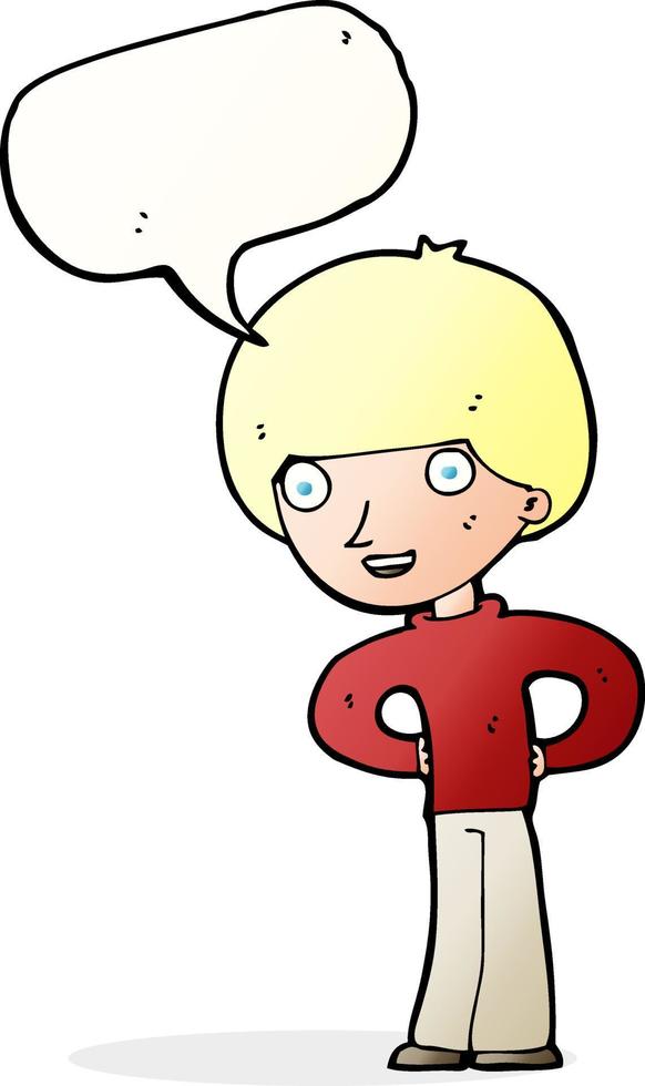cartoon happy boy with hands on hips with speech bubble vector