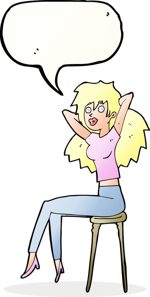 cartoon woman posing on stool with speech bubble vector