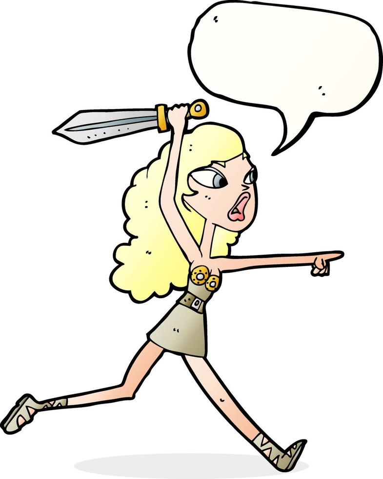 caricatura, vikingo, niña, con, espada, con, burbuja del discurso vector
