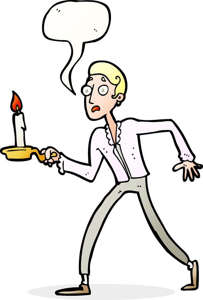 cartoon frightened man walking with candlestick with speech bubble vector